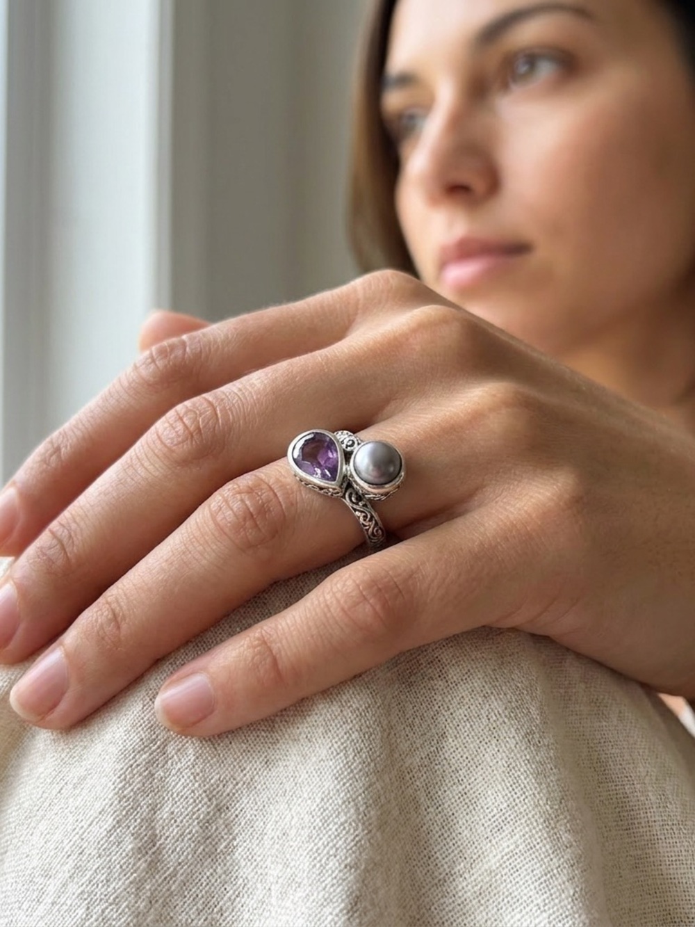 Sterling silver ring with Peacock pearl and pear shape amethyst